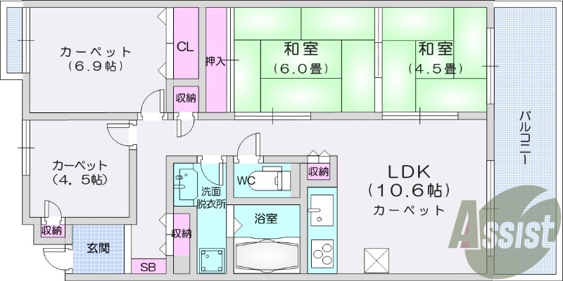 4LDK、バストイレ別、システムキッチン、都市ガス