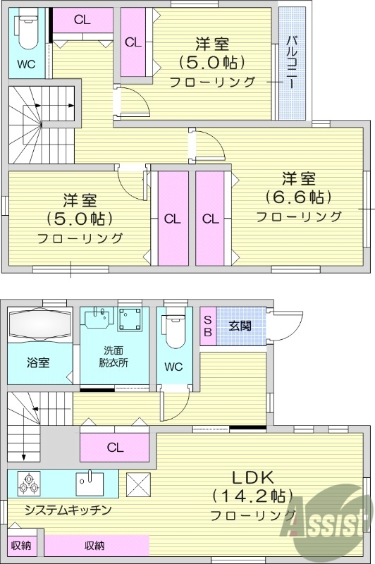 3LDK、全室エアコン、バルコニー、追い焚き機能。