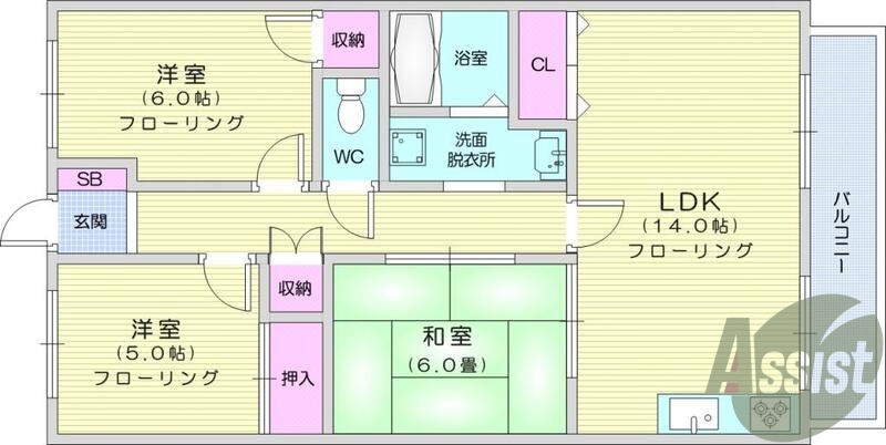 3LDK、B・T別、追い焚き機能、光ファイバー、温水洗浄便座