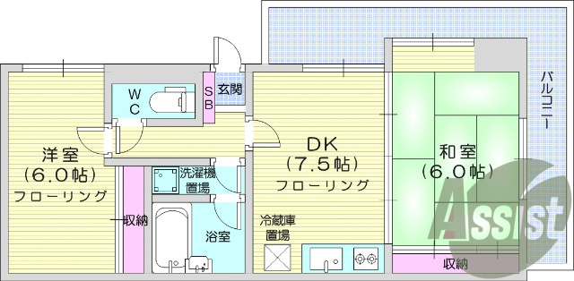 2DK、都市ガス、オートロック、洗面台、エレベーター