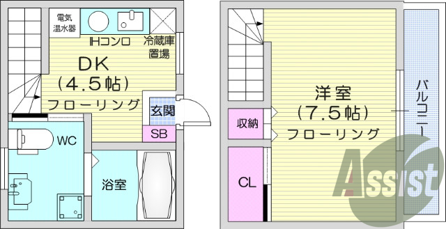 1DK、オール電化、洗面化粧台、エアコン、メゾネット