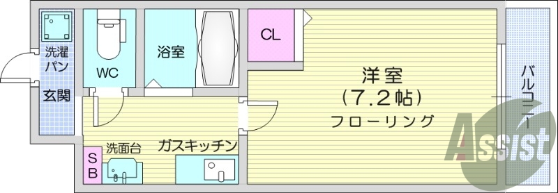 1K、バルコニー、クローゼット、バストイレ別、洗面所独立