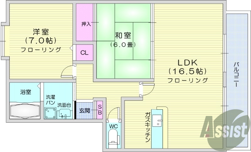 2LDK、バルコニー、和室、カウンターキッチン