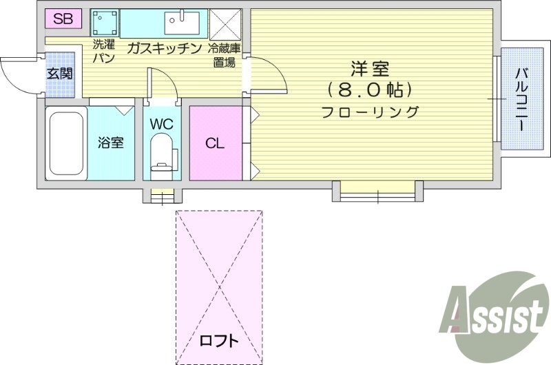 1Ｋ、バストイレ別、ロフト、バルコニー。
