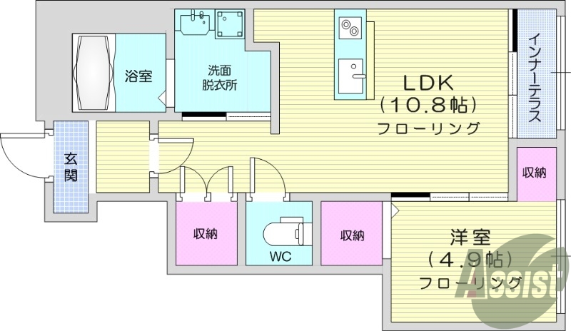 1LDK、インターネット使用料無料、独立洗面台