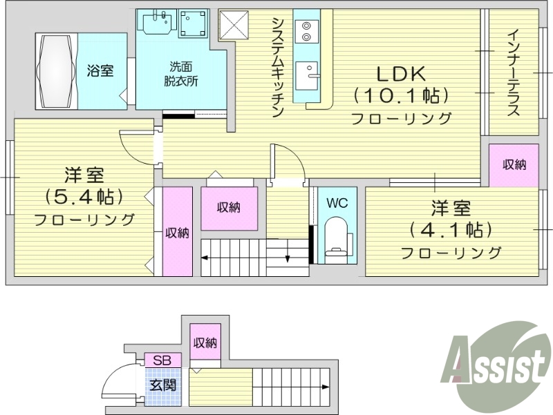 2LDK、インターネット使用料無料、独立洗面台