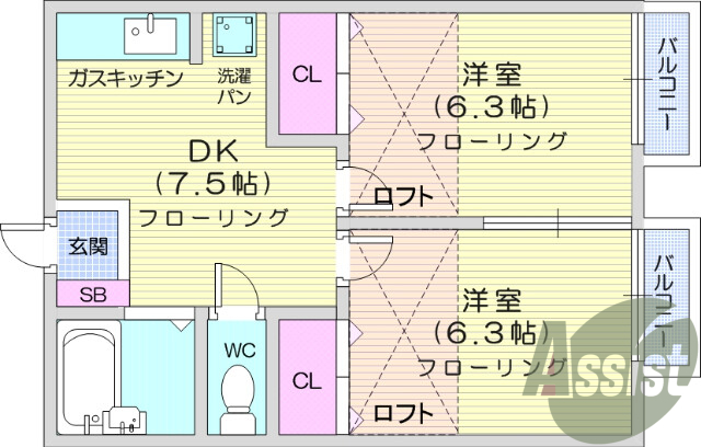 2DK、バストイレ別、室内洗濯機置場、エアコン
