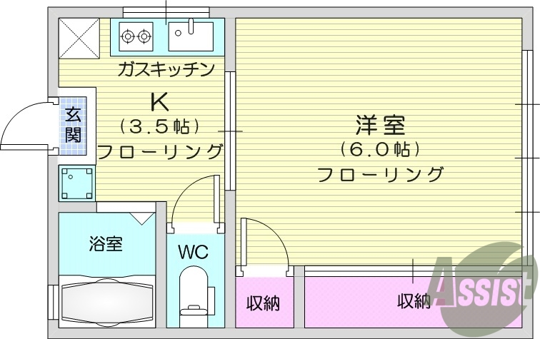 1K、家電４点セット付、物置付き、角部屋、最上階、給湯器