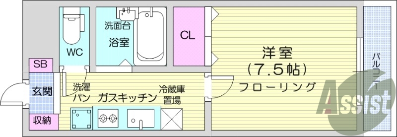 1K、都市ガス、インターネット無料、バス・トイレ別