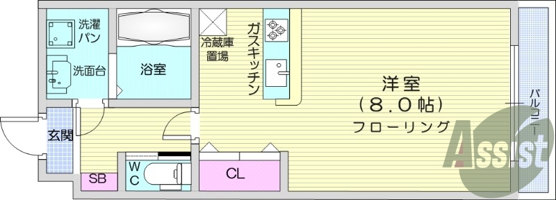 １K、浴室乾燥機、追い焚き機能、洋室8.0帖