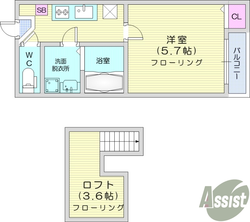 １K、ロフト、フローリング、エアコン、クローゼット