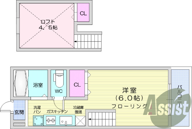 １Rロフト付き陽当たり良好。エアコンあり