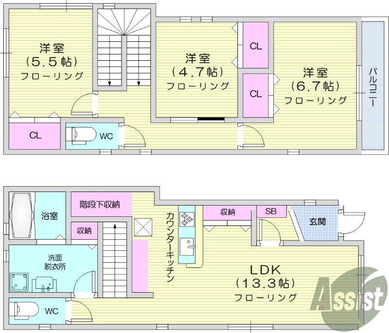 3LDK、全室エアコン、バルコニー、追い焚き機能。