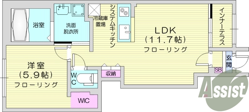 1LDK、インナーテラス、浴室乾燥、追い焚き乾燥