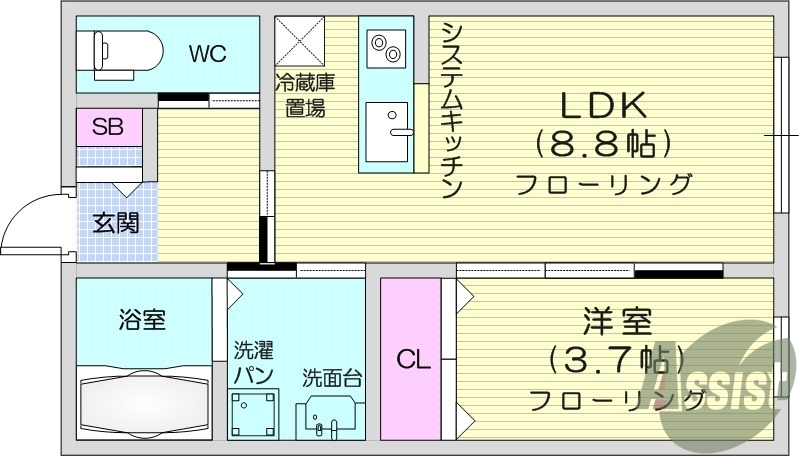 1LDK、敷地内駐車場、温水洗浄便座付き、日当たり良好