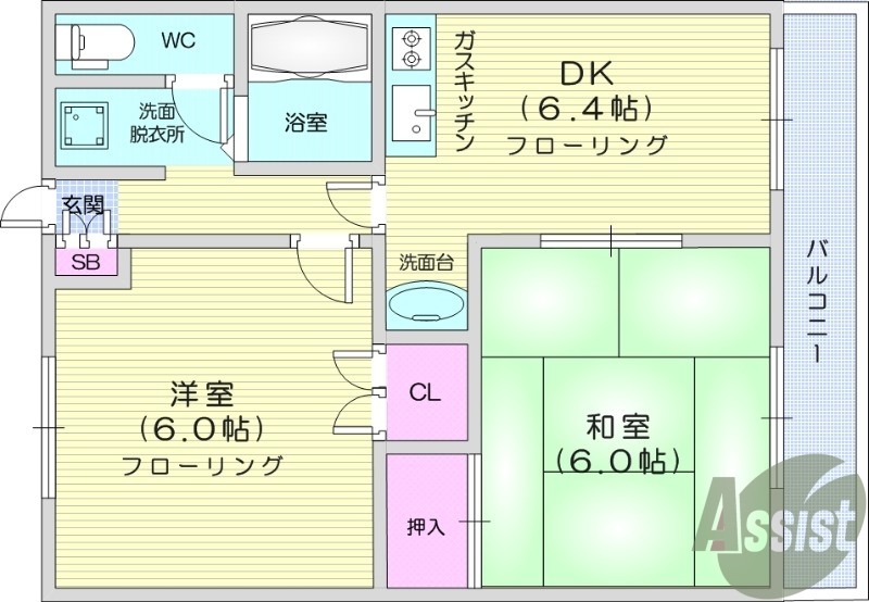 2DK、バス・トイレ別、和室、オートバス、プロパンガス