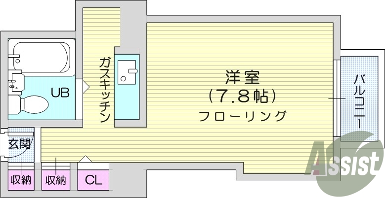 1R、オートロック、都市ガス、フローリング。