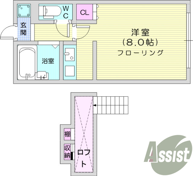 ロフト付き、バス・トイレ別・ウォシュレット付きトイレ