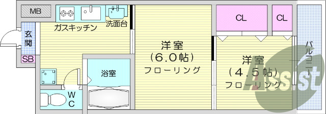 ２K、バス・トイレ別、プロパンガス、クローゼット、エアコン