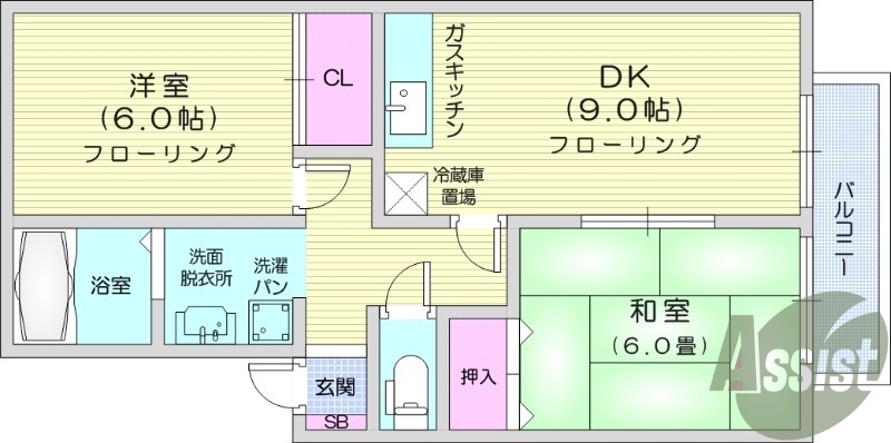2DK、南向き、独立洗面所、ガスコンロ可