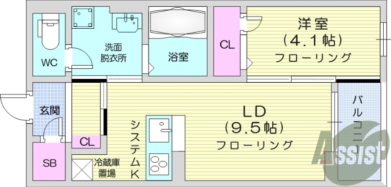 1LDK、システムキッチン、オートロック、温水洗浄暖房便座