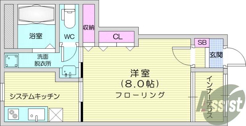 1K、インターネット無料、TVインターホン付き