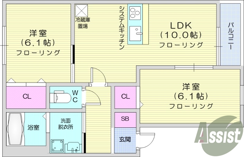 西向き、バルコニー、2LDK、ネット無料、IHコンロ