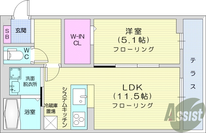 1LDK、室内物干し、対面キッチン、床下収納、追い焚き機能