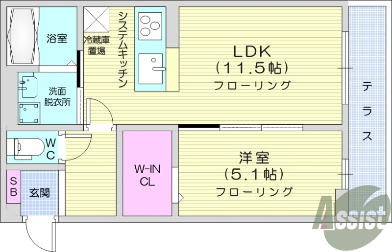 1LDK、室内物干し、対面キッチン、床下収納、追い焚き機能