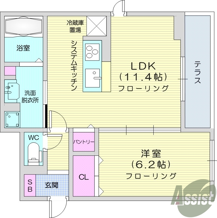 1LDK、室内物干し、対面キッチン、床下収納、追い焚き機能