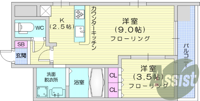 1LDK、エアコン、バストイレ別、インターネット無料