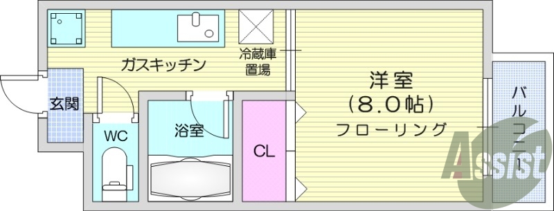 1K、エアコン、室内洗濯機置き場、温水洗浄便座、ネット無料