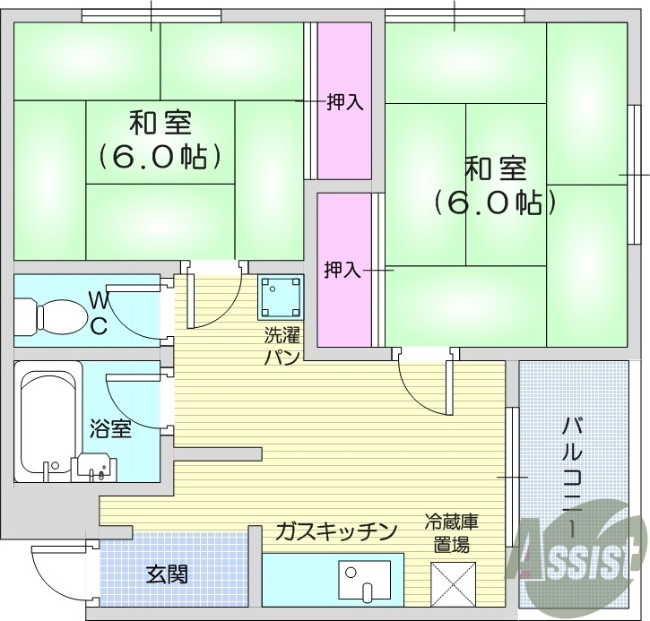 2DK、収納、都市ガス、室内洗濯機置き場、鉄筋コンクリート造