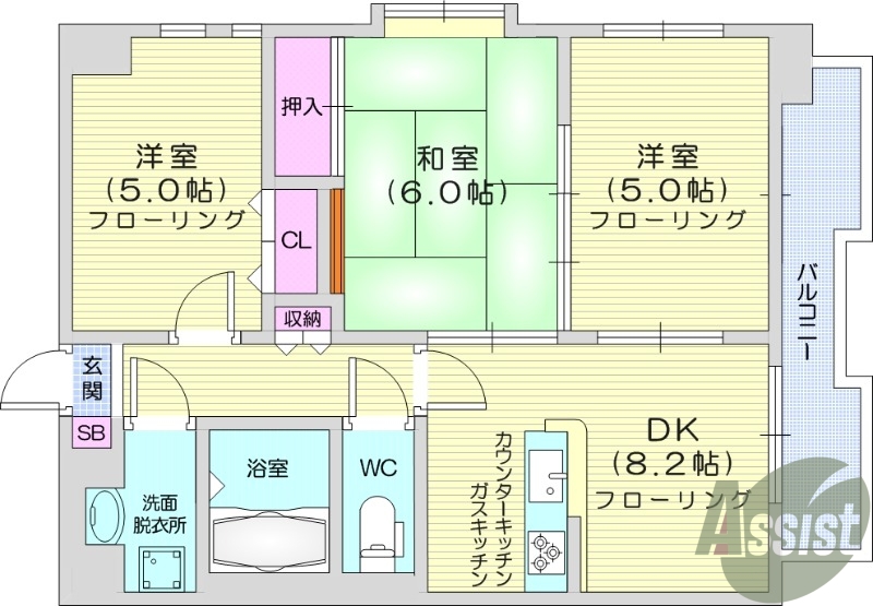 3DK、エアコン、シャワー、3口ガスコンロ、オートロック