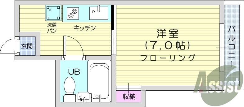 1K、エアコン、室内洗濯機置き場、収納、バルコニー