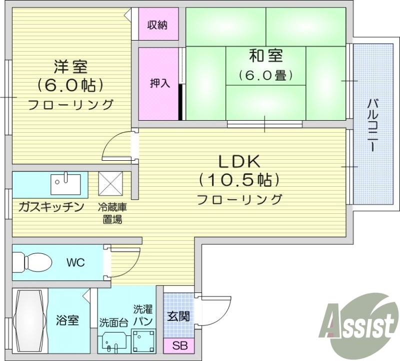 2LDK、南向き、追い焚き機能、エアコン、室内洗濯機置き場