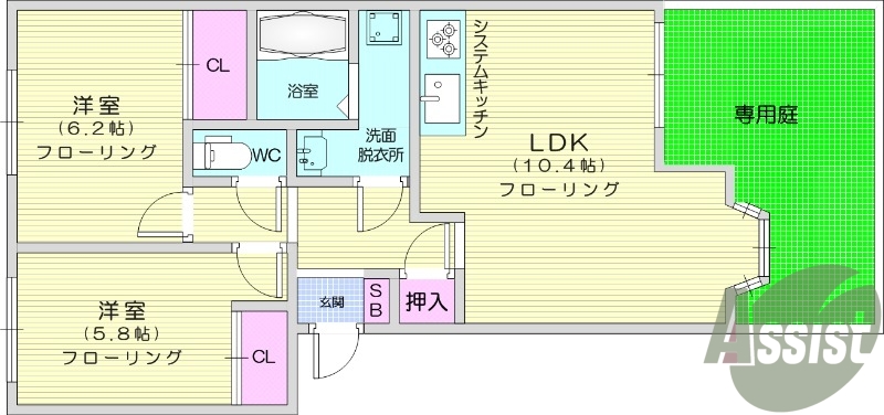 2LDK、専用庭、浴室乾燥機、追い焚き、システムキッチン