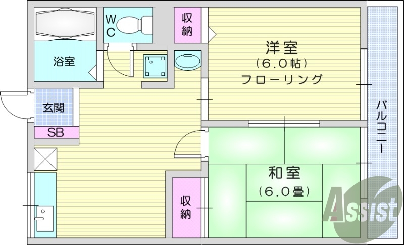 2DK、エアコン、都市ガス、シューズボックス