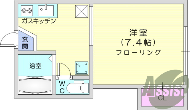 1K、バストイレ別、エアコン、ガスコンロ、給湯機