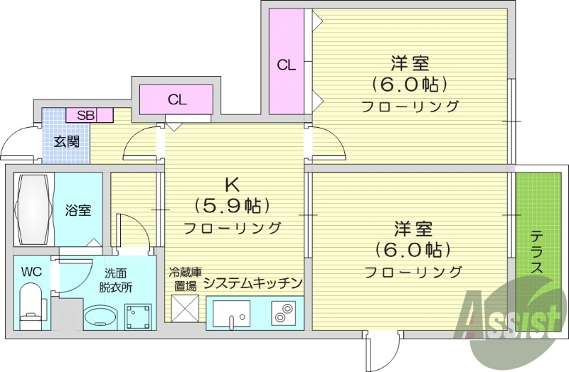 2K、角部屋、オール電化、床下収納、エアコン、バス・トイレ別