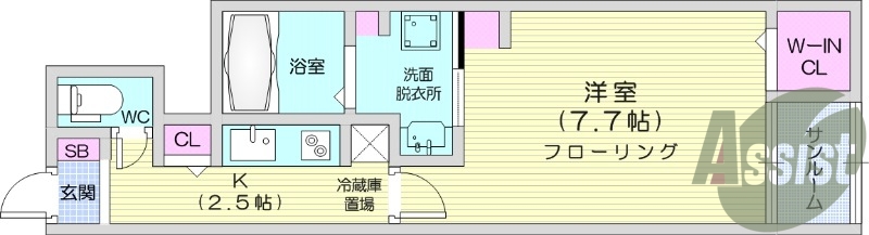 1K、システムキッチン、都市ガス、ネット利用料無料。