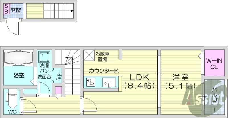 1LDK、システムキッチン、都市ガス、ネット利用料無料。