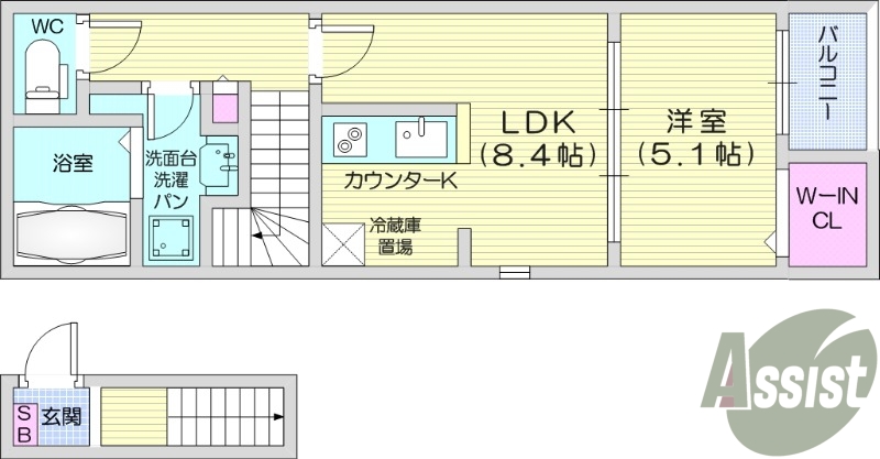 1LDK、システムキッチン、都市ガス、ネット利用料無料。