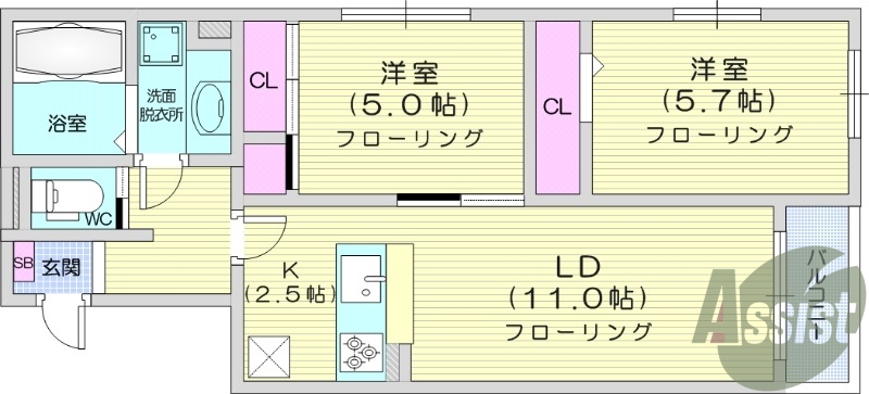 2LDK、エアコン、オートロック、浴室乾燥機