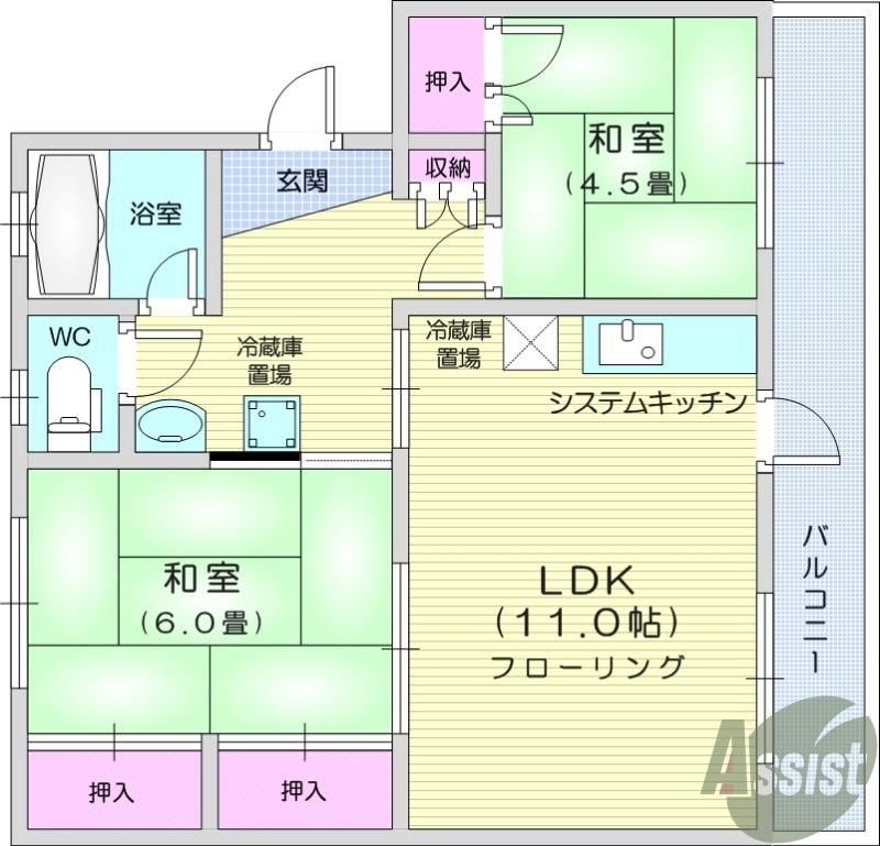 2LDK、追い焚き、暖房便座、冷暖房エアコン、バス・トイレ別