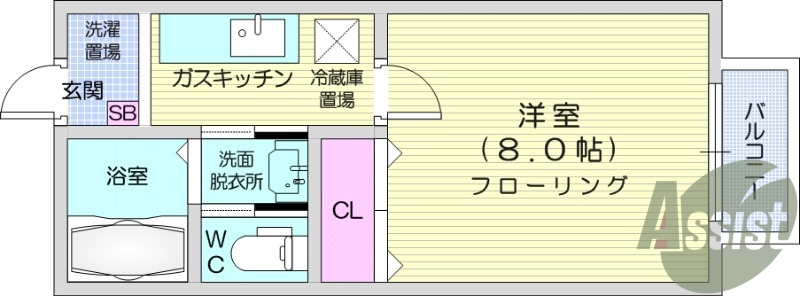 1K、浴室乾燥機、空気清浄機、エアコン。