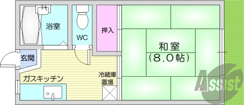 1K、バストイレ別、和室、室内洗濯機置場、エアコン