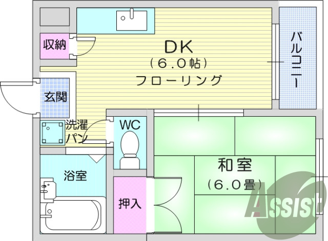 １DK、バストイレ別、エアコン、都市ガス、バルコニー