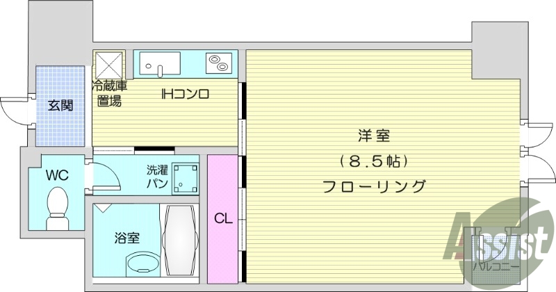 1K 西向き、バストイレ別、浴室乾燥機付き