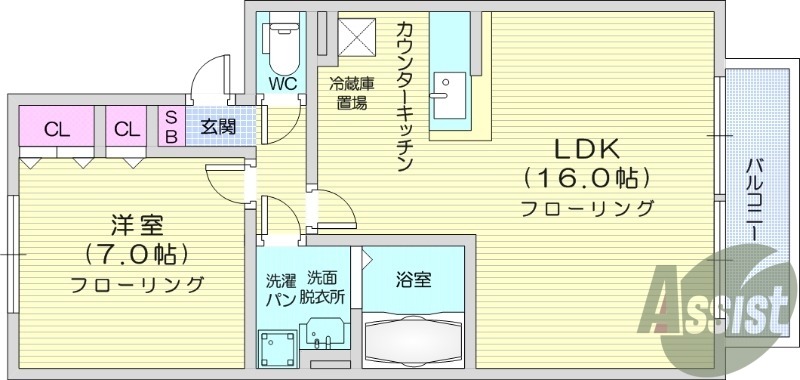 1LDK、南向き、独立洗面台、追い焚き機能、物置、BS
